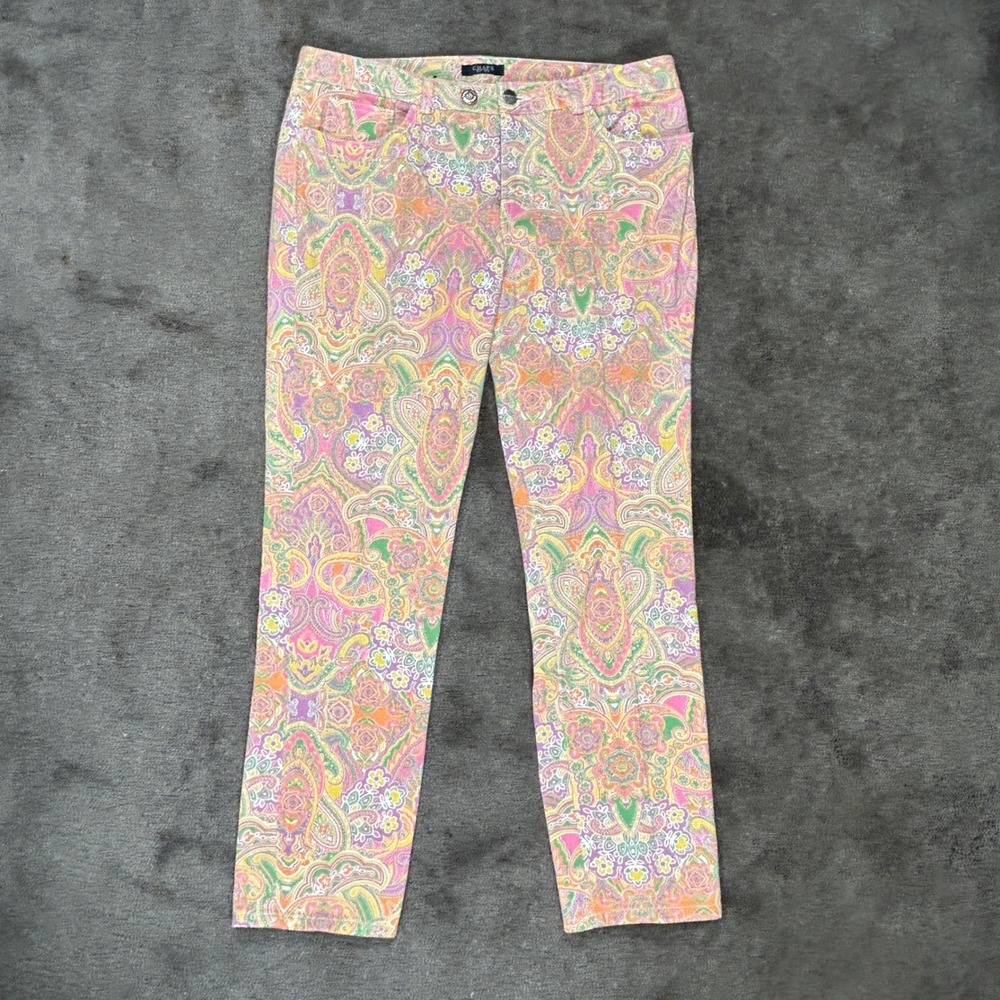 Chaps Pants Womens 14 Pink Orange Paisley Multi Straight Leg Stretch Cotton